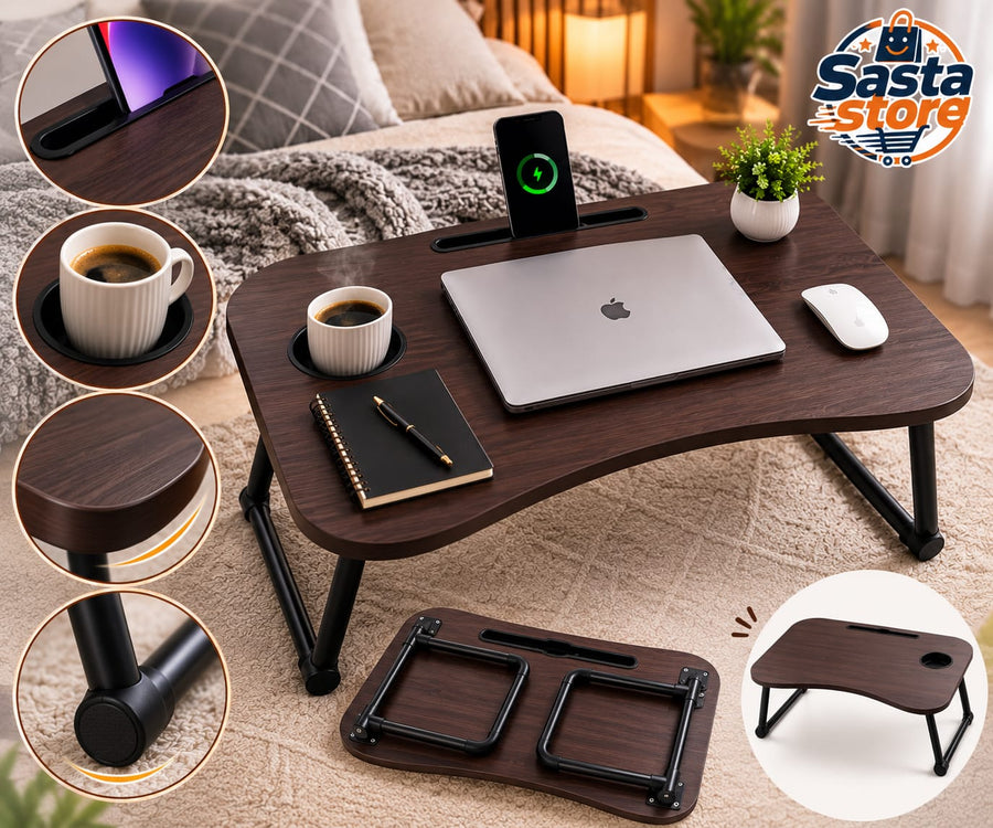 Computer Laptop Folding Table with Melamine Surface, Tablet Slot, and Cup Holder