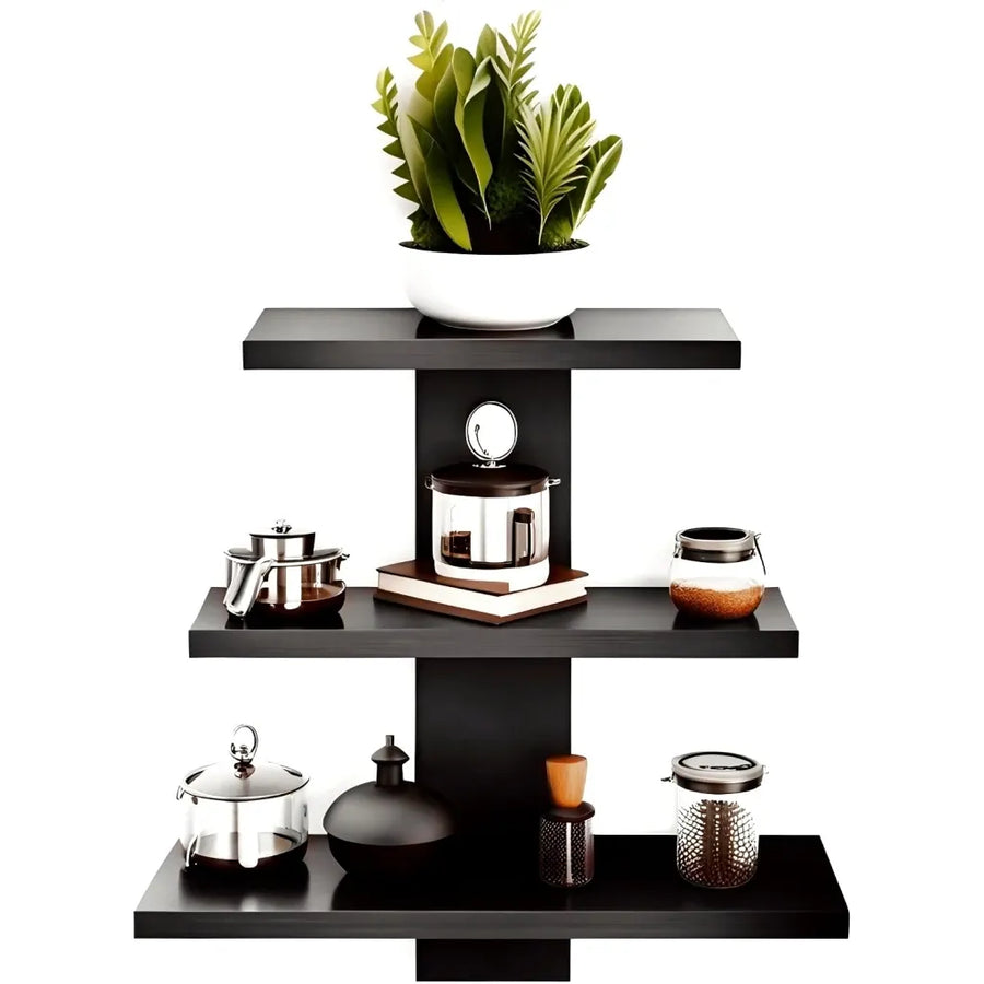 SHELFIE– 3 Tier Black Floating Wall Shelf | Modern Wooden Wall Organizer for Home Decor